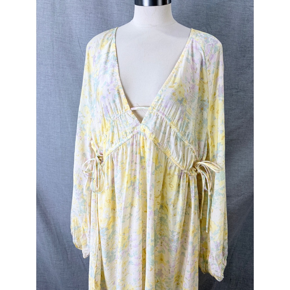 Boho Tie-Waist V-Neck Kaftan - Yellow Floral